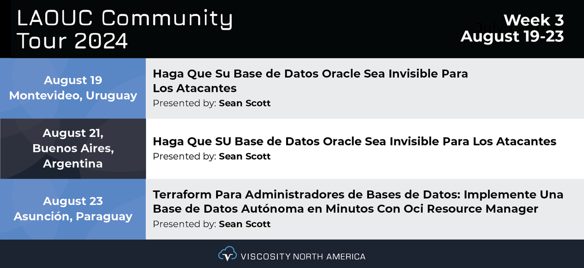 🌍 Last stops: 🇺🇾, 🇦🇷, &amp; 🇵🇾 at @LAOUC Community Tour 2024! Aug 19-23.
#ACED @oraclesean will conclude with #oracledatabase #security, #Terraform for #database, &amp; #AutonomousDatabase with #OCI Recourse Manager.

bit.ly/4cN1s1U
#VNA #OraPub <a href="/uyoug/">uyoug</a> <a href="/ar_oug/">Argentina OUG</a> <a href="/ougpy/">Oracle User Group PY</a>