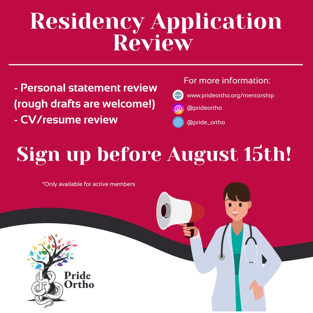 Registration is still open for personal statement/CV/resume review for the current residency application cycle!
Registration deadline is August 15th.

More information can be found at prideortho.org/Mentorship