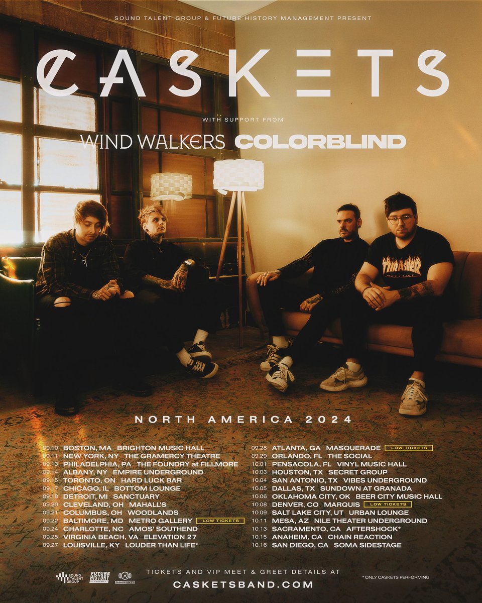 🖤 We’re just about 2 months out USA! (&amp; Toronto 🇨🇦) - Very low tickets for Baltimore, Atlanta &amp; Denver! 💛

Honestly, this is the scariest thing we’ve ever announced as a band and to see you guys snapping up these tickets blows our minds! 🤯 🫶

casketsband.com