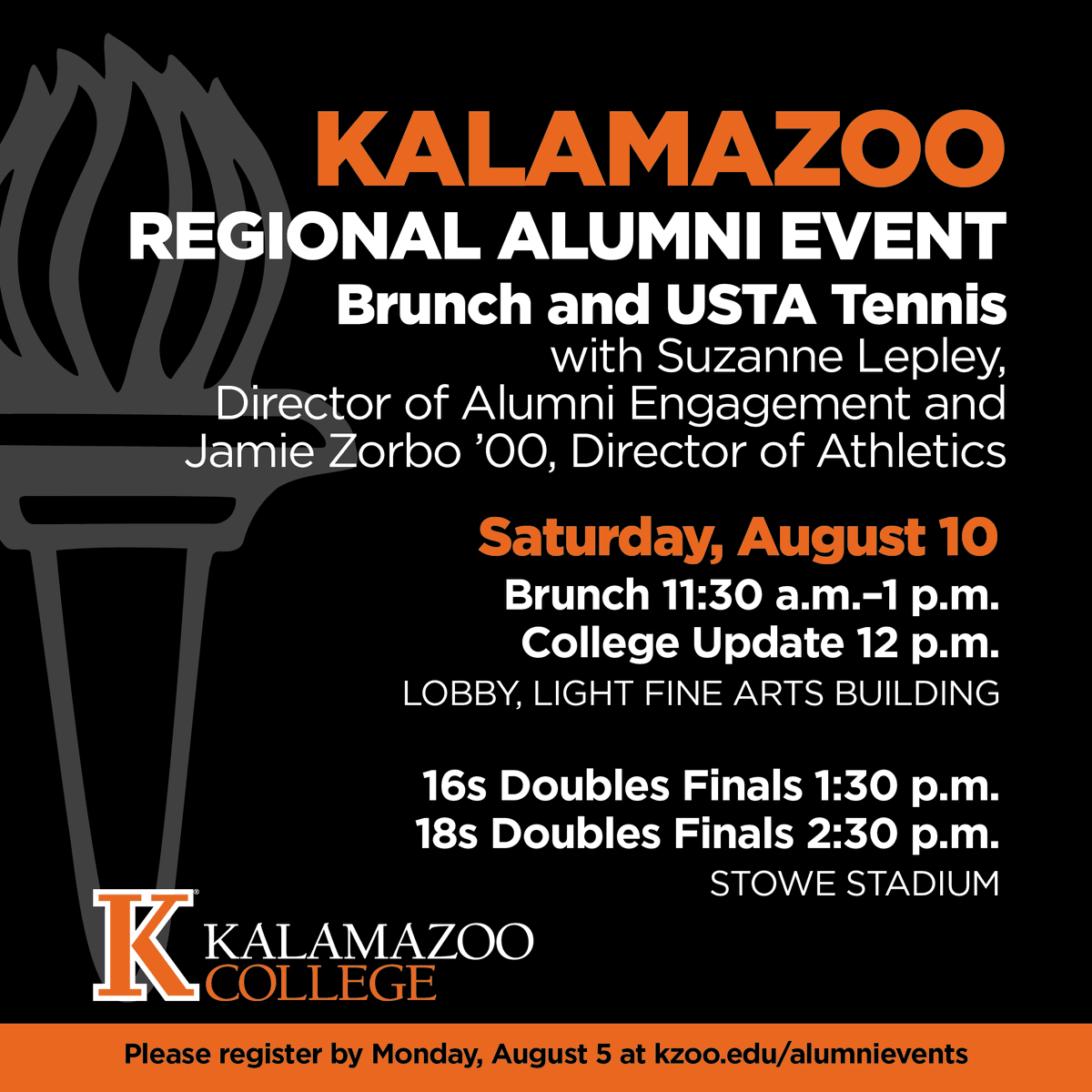 KCollegeAlumni's tweet photo. Please  us on Saturday, August 10 at the USTA  Boys’ 16 &amp; 18 National Championship Doubles Finals. Hear from our  new Director of Alumni Engagement, Suzanne Lepley and our new Director  of Athetics, Jamie Zorbo ’00! Register today at https://t.co/gru4ya180M. https://t.co/f3IKCYrEll