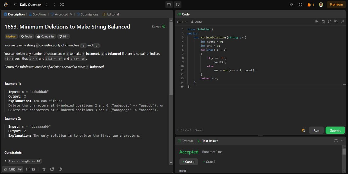itzmeahmed00's tweet image. Day 97. Just solved LeetCode problems (1653) as part of my #100DaysOfCode challenge! Feeling accomplished and ready for more coding adventures. #Coding #LeetCode #ProblemSolving #CodeNewbie #Programming #Tech #DevCommunity #100DaysOfLeetCode