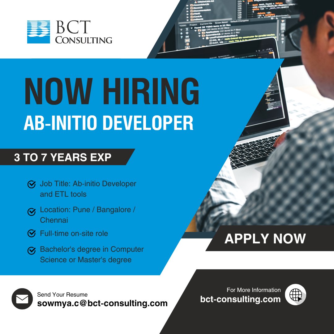 BCTCGlobal's tweet image. We're hiring an Ab-Initio Application Developer in Bengaluru, Karnataka. Apply today via linkedin.com/jobs/view/3981…
Share your Resume to Sowmya.c@bct-consulting.com or WhatsApp your CV to 8296225236
#DeveloperJobs #AbInitioJobs #ApplicationDevelopers #AbInitioDevelopers #AbInitio