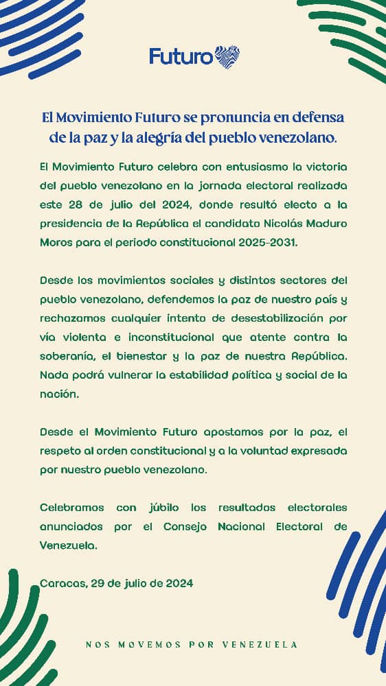El Movimiento Futuro se pronuncia en defensa de la paz y la alegría del pueblo venezolano. 🇻🇪

#NoAlOdio <a href="/movfuturoven/">Movimiento Futuro</a>