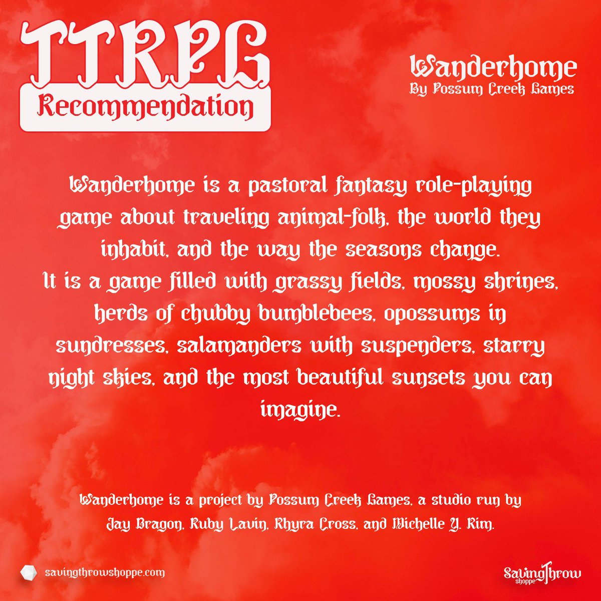savingthrowshop's tweet photo. This week's #TTRPG recommendation is "Wanderhome" Possum Creek Games!

A pastoral fantasy role-playing game about traveling animal-folk, the world they inhabit, and the way the seasons change!

Check it out here: https://t.co/xmN5JY4nzd

#tabletopgaming #tabletop #rpg https://t.co/wVrX0IP28A