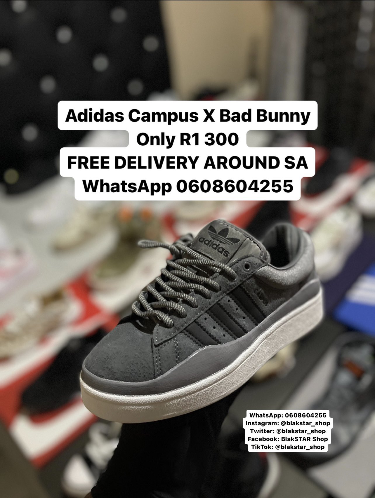 BlakSTAR SHOP WhatsApp for Shoes on X SHOE OF THE DAY Adida Campus X Bad Bunny Only R1 300 FREE DELIVERY AROUND SA WhatsApp 0608604255 COMES WITH FREE NIKE SOCKS Miss