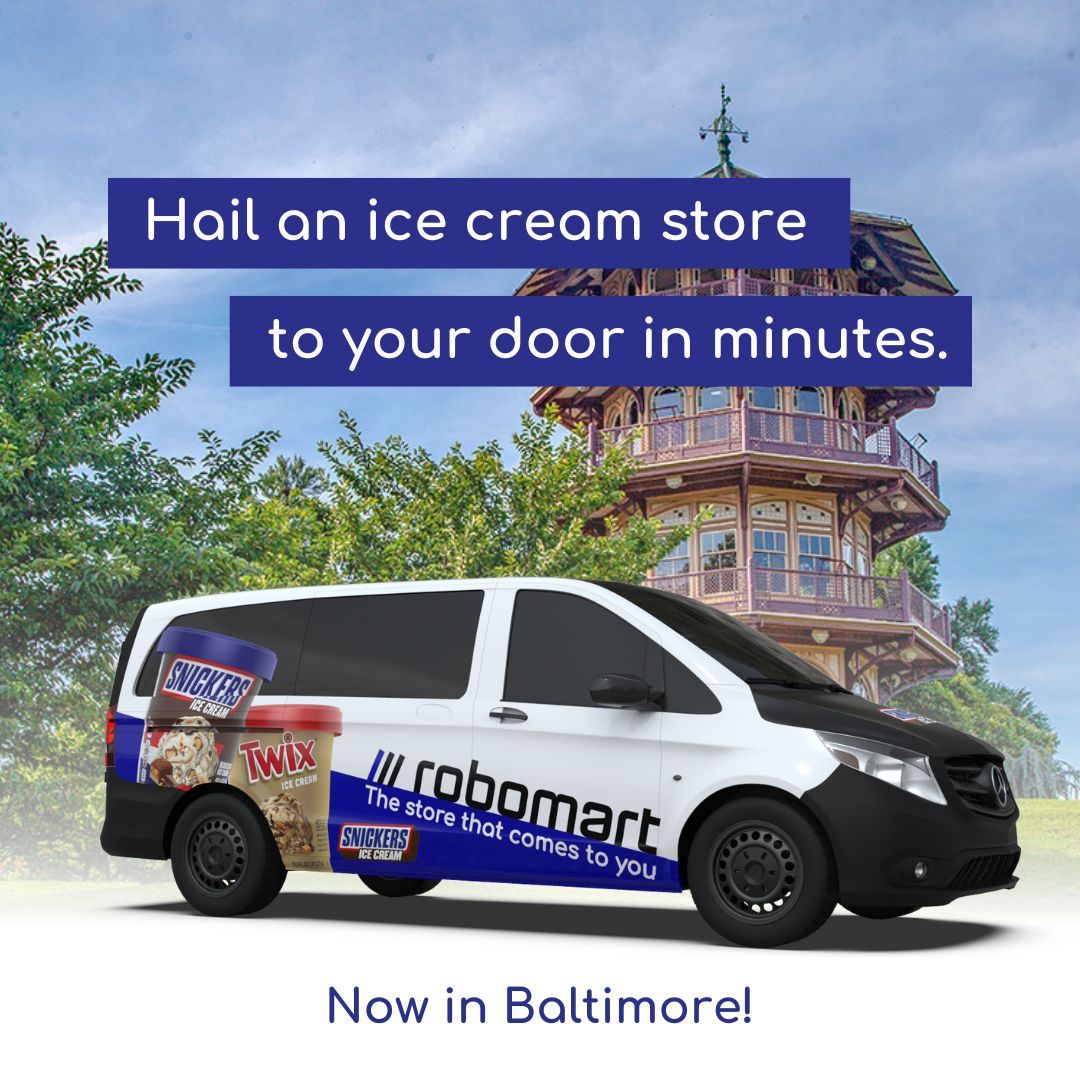 Did you hear the news? 👀 Baltimore has been selected as the first city for the Snickers Ice Cream Robomart Pilot -- delivering ice cream to your door in minutes. Learn how to hail your ice cream Robomart to your door with link in bio. robomart.ai
#Robomart #Baltimore