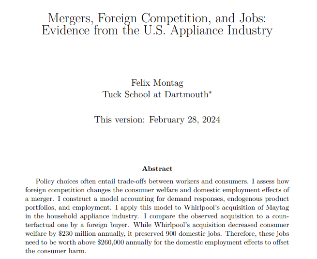 Matthew Leisten (@leistenecon) on Twitter photo <a href="/sanjuktampaul/">Sanjukta Paul</a> Honestly a tough question! Not going to opine normatively--it really depends on what our policy goals are and who we care about--but this paper tries to quantify the trade-offs of protecting domestic jobs. vs traditional antitrust aims.
felixmontag.com/files/2024_FM_… <a href="/sanjuktampaul/">Sanjukta Paul</a> Honestly a tough question! Not going to opine normatively--it really depends on what our policy goals are and who we care about--but this paper tries to quantify the trade-offs of protecting domestic jobs. vs traditional antitrust aims.
felixmontag.com/files/2024_FM_…