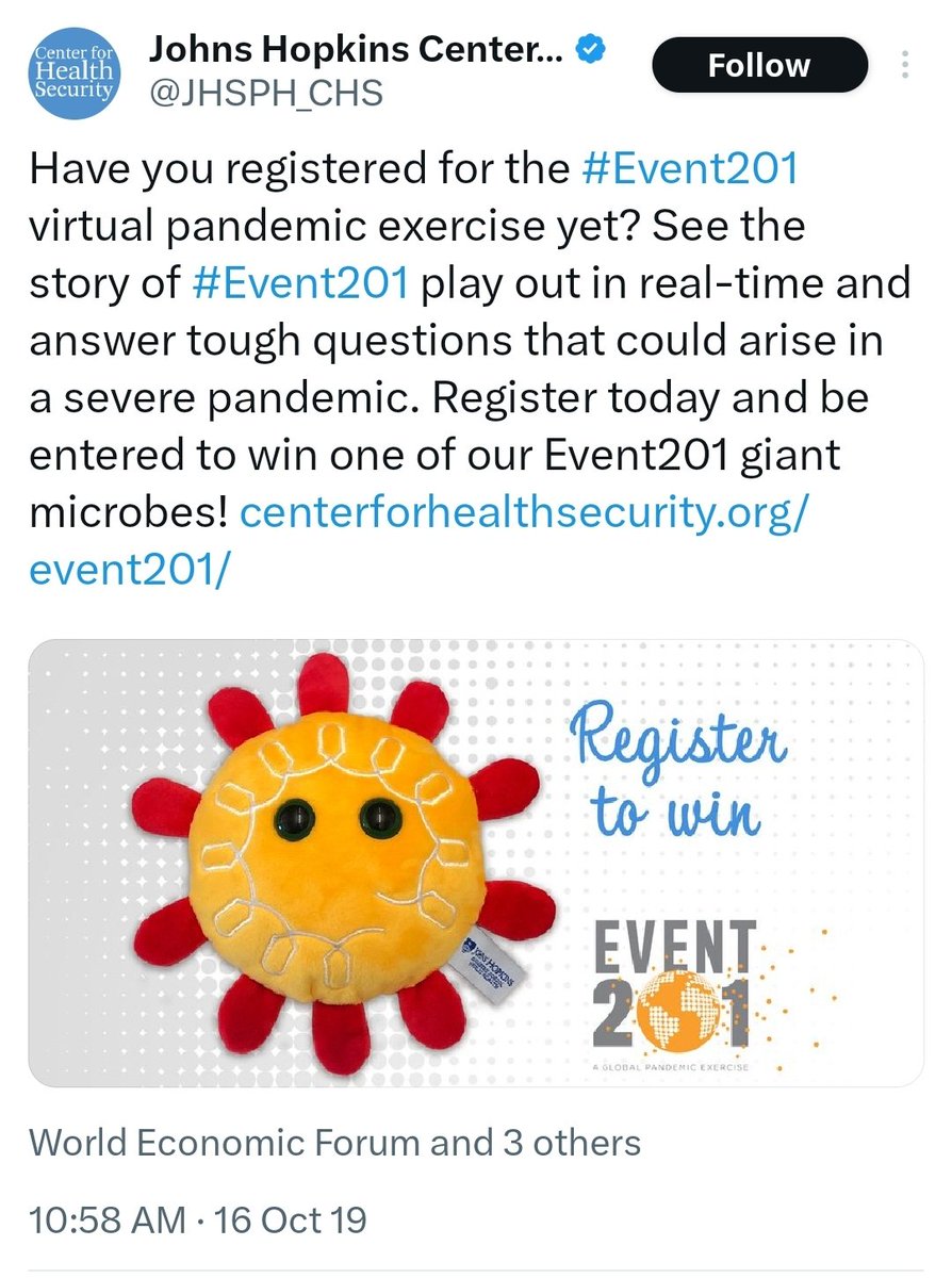 and_kell's tweet photo. Remember #Event201 the coronavirus virus rehearsal in Oct 2019? Here we go again. Wonder what the Bird Flu plushie will look like? #Event202 The Next Plandemic. https://t.co/91bvmY0rcn