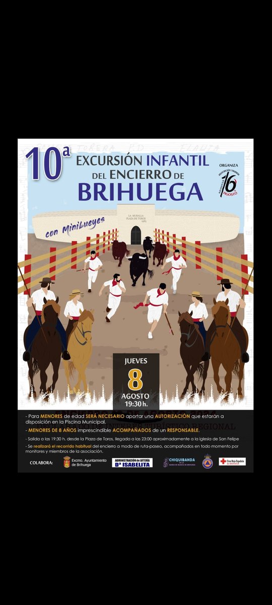 El próximo 8 de agosto llega la décima edición de la excursión infantil del Encierro de Brihuega.

¡Acompáñanos! 🐂

<a href="/aytobrihuega/">Ayuntamiento Brihuega</a> <a href="/ftg_guadalajara/">Federación Taurina de Guadalajara</a> #EncierroDeBrihuega #16DeAgosto #Encierro16DeAgosto #16A #YFM #Tradición #Único #EncierroÚnico #Brihuega #BrihuegaEnamora #Cultura