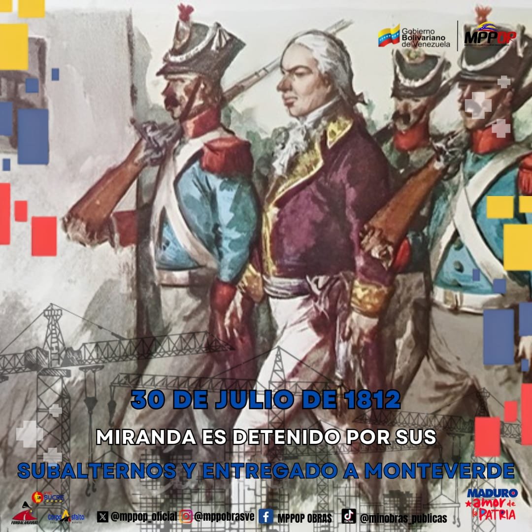 #TalDíaComoHoy en 1812: Miranda es detenido por sus subalternos y entregado a Monteverde.
Agobiado por las derrotas sufridas, por la traición de muchos a quienes se confío la protección de la naciente República. 
#GanoLaPazYLaEsperanza 
<a href="/NicolasMaduro/">Nicolás Maduro</a> <a href="/GRaulparedes/">Gral. Raúl Paredes</a>