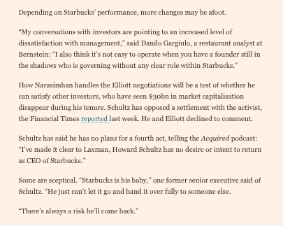 Maria Heeter (@heetermaria) on Twitter photo NEW: <a href="/Starbucks/">Starbucks</a> CEO Laxman Narasimhan is grappling with two outspoken shareholders: Activist Elliott & fmer CEO Howard Schultz.
Feature frm <a href="/meyer_g6/">Gregory Meyer</a> <a href="/rhea_basarkar/">rhea basarkar</a>. Follows FT scoop that Schultz has said he is opposed to an agreement w/ Elliott
ft.com/content/b0abc1… NEW: <a href="/Starbucks/">Starbucks</a> CEO Laxman Narasimhan is grappling with two outspoken shareholders: Activist Elliott & fmer CEO Howard Schultz.
Feature frm <a href="/meyer_g6/">Gregory Meyer</a> <a href="/rhea_basarkar/">rhea basarkar</a>. Follows FT scoop that Schultz has said he is opposed to an agreement w/ Elliott
ft.com/content/b0abc1…