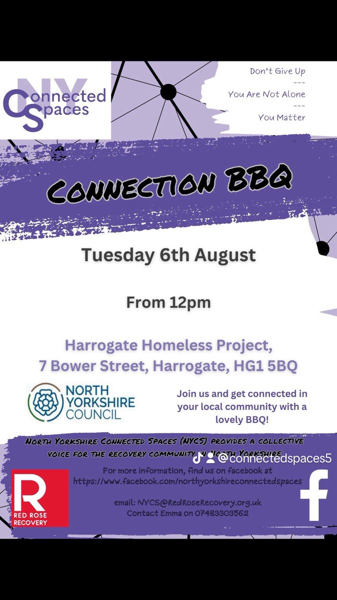 BBQ next Tuesday please come along and connect services, organisations and our community welcome! 🍔🌭🍗 

Details below 👇 

North Yorkshire Connected SpacesRed Rose RecoveryHarrogate Homeless ProjectNorth Yorkshire HorizonsNorth Yorkshire Council
