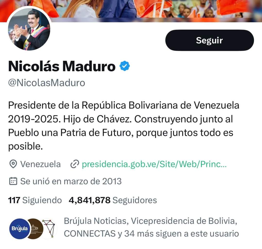#Venezuela
Las cuentas de Nicolás Maduro en las redes sociales. 
<a href="/facebook/">Facebook</a> e <a href="/instagram/">Instagram</a> quitan insignia azul de verificación a cuenta de <a href="/NicolasMaduro/">Nicolás Maduro</a> 

<a href="/X/">X</a> ya no lo reconoce como parte de un gobierno