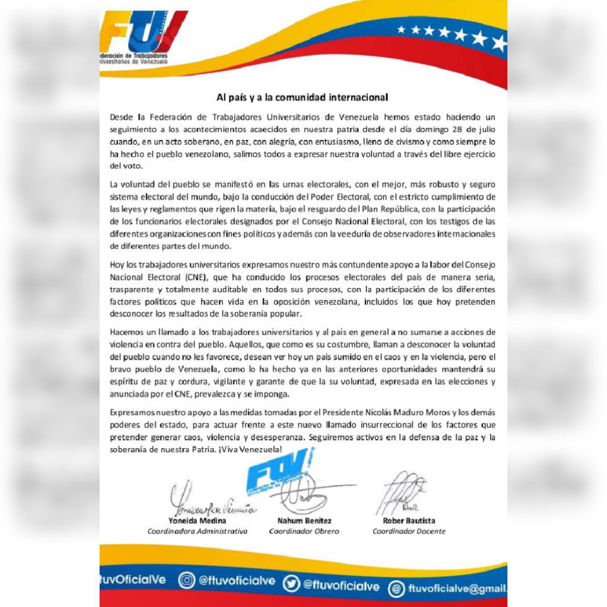 cbolivariana's tweet photo. #30Jul AL PAÍS Y A LA COMUNIDAD INTERNACIONAL.
#FTUV
#YoSoyFtuv
#GanoLaPazGanoMaduro
#GanoElGalloPinto
#GanoLaPazYLaEsperanza
@NicolasMaduro
@CELopez1112 https://t.co/JZukYksWDz