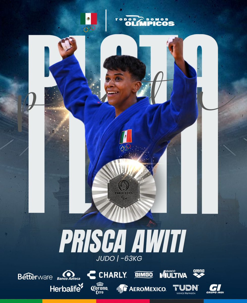 ¡Histórico resultado! 🥈
Prisca <a href="/AwitiAlcaraz/">Prisca Awiti Alcaraz OLY</a> gana la primera medalla de plata en judo para México, en los Juegos Olímpicos de París 2024. Con 28 años, ha demostrado su increíble talento y determinación. ¡Orgullo nacional! 

#TodosSomosOlímpicos