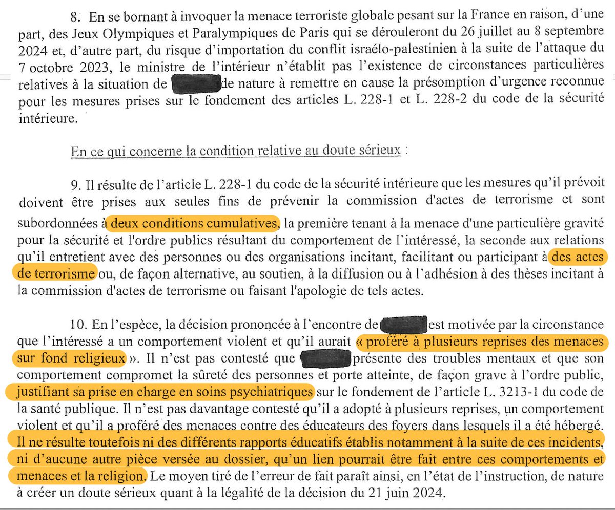 N_Hervieu's tweet photo. Psychiatrie &amp; terrorisme : En référé, une MICAS (mesure individuelle de contrôle administratif &amp; de surveillance) est suspendue.

Car les violences &amp; menaces résultent ici de problèmes psychiatriques.

Et non d'une intention terroriste.

[@CAA_de_Nancy, 30/07/2024, n° 24NC01896] https://t.co/DD1oQ6liDZ