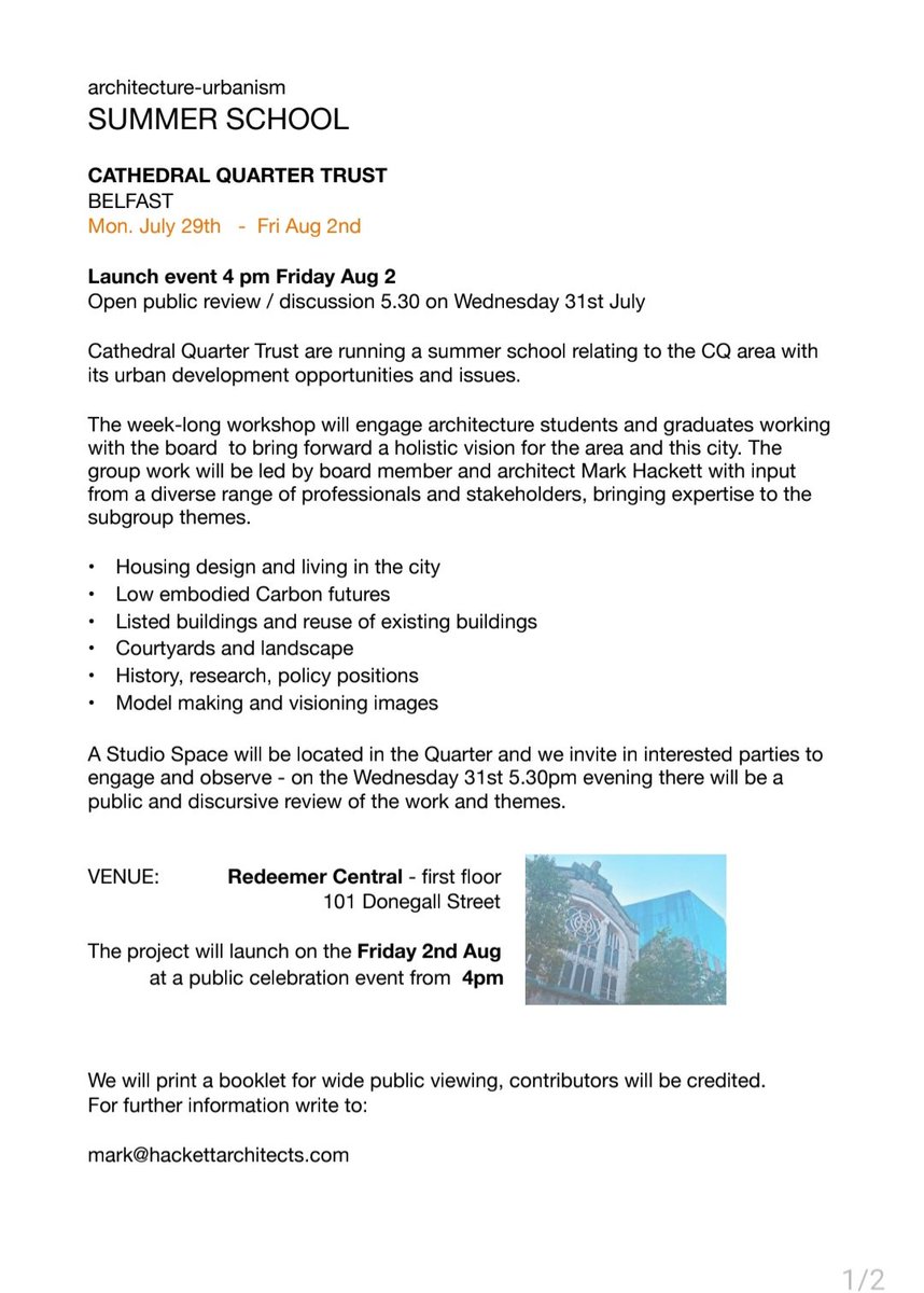 This week's @CultureNightBel Summer School aims to "reset current thinking on the Tribeca development and connectivity between CQ and the rest of the city centre."

Call in to Redeemer Central,  101 Donegall St this Wed or Fri from 4pm to view some fresh new ideas for CQ.