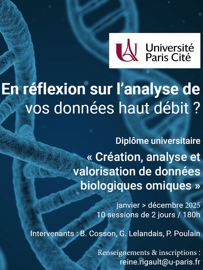 Acquérir le savoir-faire pour l'analyse des données haut débit (en génomique, transcriptomique,  protéomique...) depuis le plan d'expérience jusqu'à la publication des  résultats .

Candidatez avant le 30 septembre 2024 : urlz.fr/rt31

Merci à <a href="/pierrepo/">Pierre Poulain</a> et @glelandais