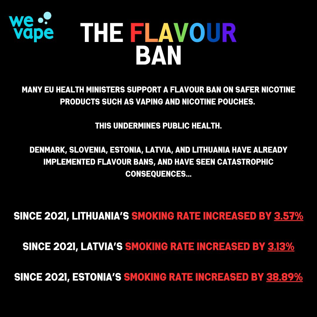 WeVapeUK's tweet photo. 🚫🇪🇺 The EU has failed.

🇪🇪 🇱🇻 🇱🇹 saw their smoking rates increase despite their bans on flavours.

A ban on flavours undermines public health. #BackVapingSaveLives https://t.co/BXWTfLyttT