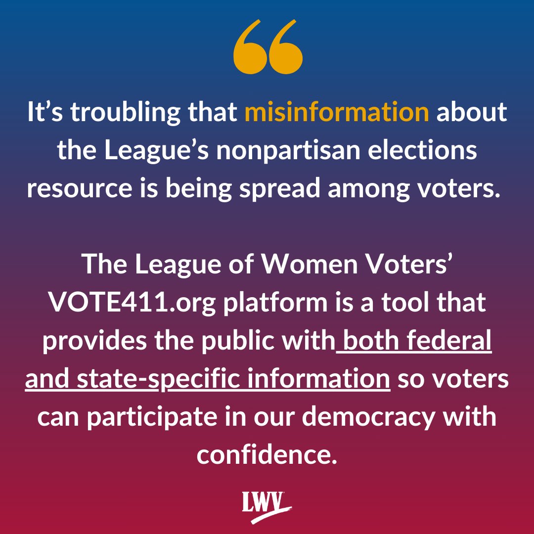 Yesterday, the League of Women Voters Education Fund issued a statement regarding the League’s nonpartisan election information tool VOTE411.org: lwv.org/newsroom/press…