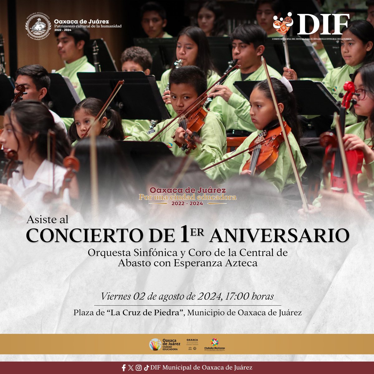 Con motivo del 1er aniversario de la Orquesta Sinfónica y Coro de la Central de Abasto con Esperanza Azteca, el <a href="/DIFMpalOax/">DIF Municipal Oaxaca</a>, hace la cordial invitación al concierto que se llevará a cabo el día viernes 02 de agosto de 2024, a las 17:00 horas.