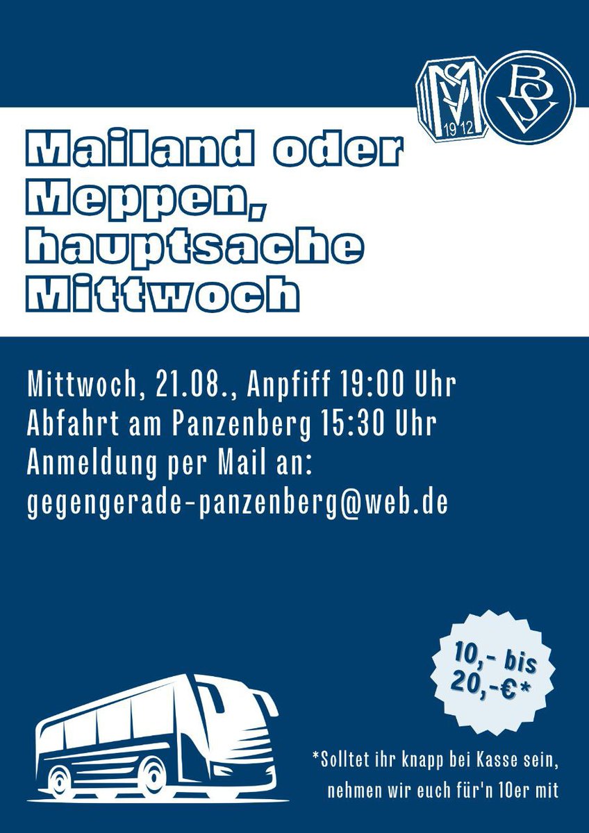 Im Bus nach Meppen am 21. August sind noch freie Plätze verfügbar.

Einfach eine Mail an gegengerade-panzenberg[ät]web.de und Ihr seid mit dabei✌️