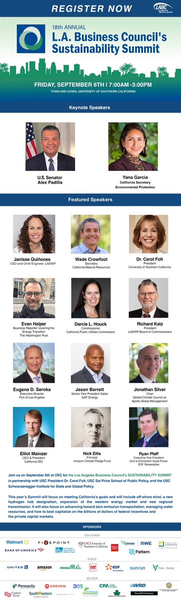 Join LA leaders &amp; environmental experts at the <a href="/labctweets/">LA Business Council</a>’ Sustainability Summit on Sept 6th at <a href="/USC/">USC</a>. Register today: business.labusinesscouncil.org/ap/Events/Regi…