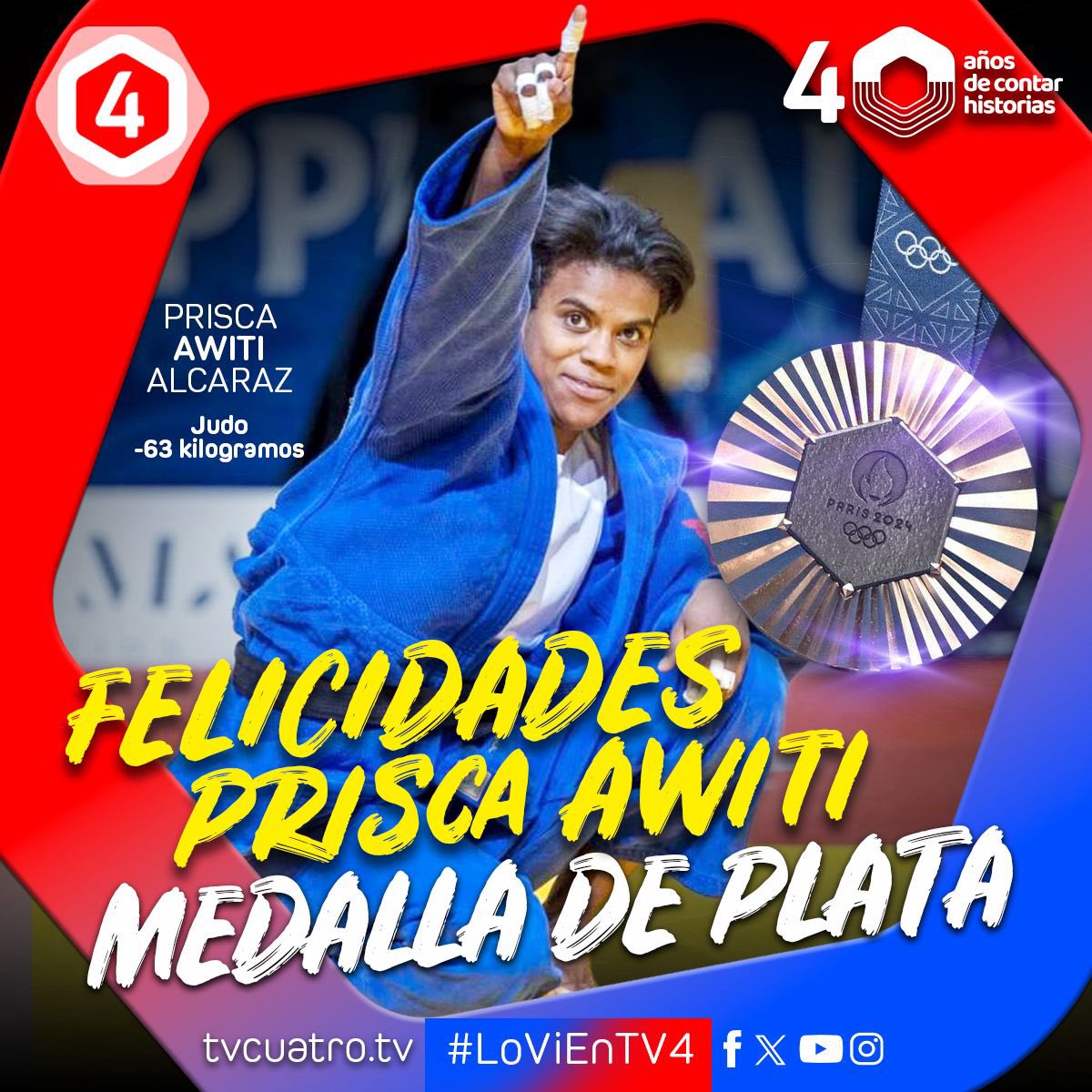 #París2024🇫🇷 ¡Prisca es de plata🥈!  ¡La judoca Prisca Awiti Alcaraz hace historia! 🥋⭐️🇲🇽Conquista por primera vez una medalla en esta disciplina para México 🇲🇽 

¡Muchas felicidades! 👊🏻

#LoViEnTV4