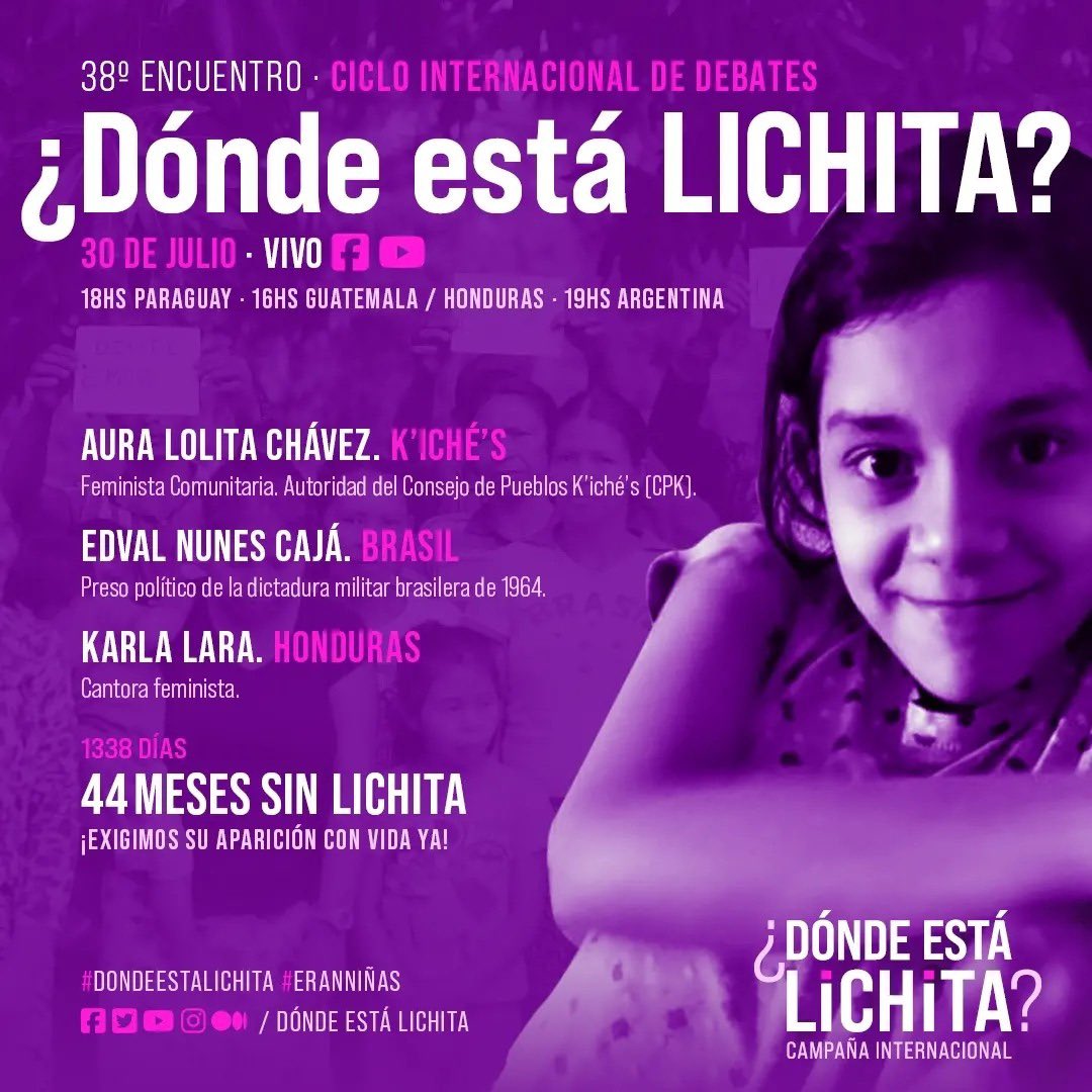 dondestalichita's tweet photo. ➡️ Hoy se cumplen 44 meses sin Lichita,1338 días de su desaparición forzada. 

Hace 3 años y 7 meses llevamos adelante esta dura lucha contra un Estado fascista, infanticida que no cumple ni su propia ley.

¡El estado paraguayo y las FTC son responsables!

#DóndeEstáLichita https://t.co/N60njRfH8a