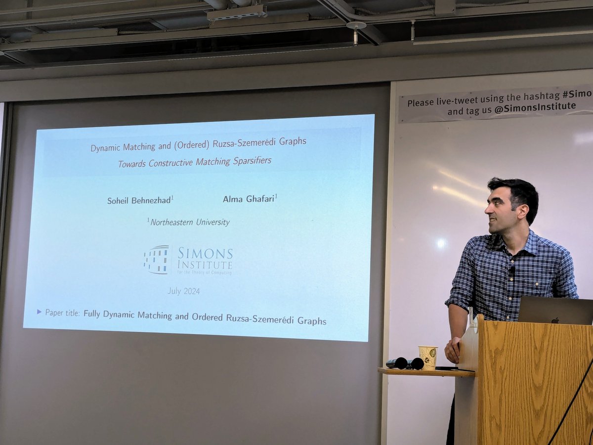Clément Canonne (on Blue🦋Sky) (@ccanonne_) on Twitter photo Soheil Behnezhad (<a href="/Northeastern/">Northeastern U.</a>) starting the second day of the Sublinear Graph Simplification workshop at the <a href="/SimonsInstitute/">Simons Institute for the Theory of Computing</a> with a two-parter talk (joint with Alma Ghafari) on sparsifiers for maximum matchings! #SimonsLive Soheil Behnezhad (<a href="/Northeastern/">Northeastern U.</a>) starting the second day of the Sublinear Graph Simplification workshop at the <a href="/SimonsInstitute/">Simons Institute for the Theory of Computing</a> with a two-parter talk (joint with Alma Ghafari) on sparsifiers for maximum matchings! #SimonsLive
