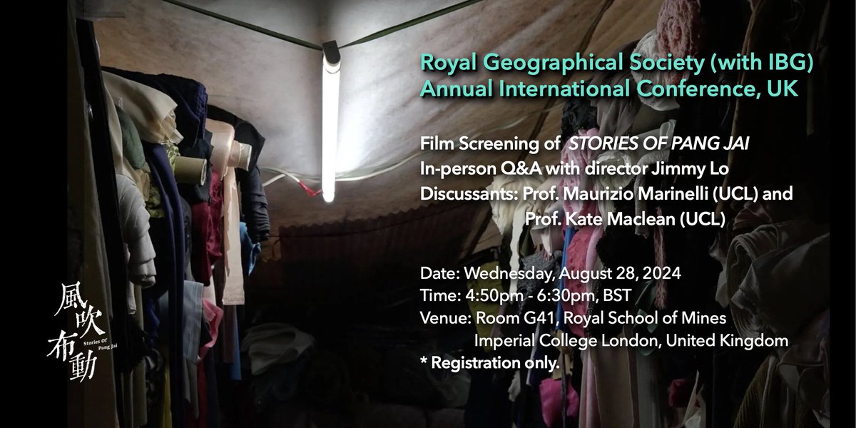 Honoured that my film Stories of Pang Jai will be screened at Royal Geographical Society (with IBG) Annual Conference on August 28, 2024! Thanks Prof. Kate Maclean <a href="/DrKate99/">Kate Maclean @drkate99@mastodon.world</a> and Prof. Maurizio Marinelli for organising the screening at the conference. 

Looking forward to that!