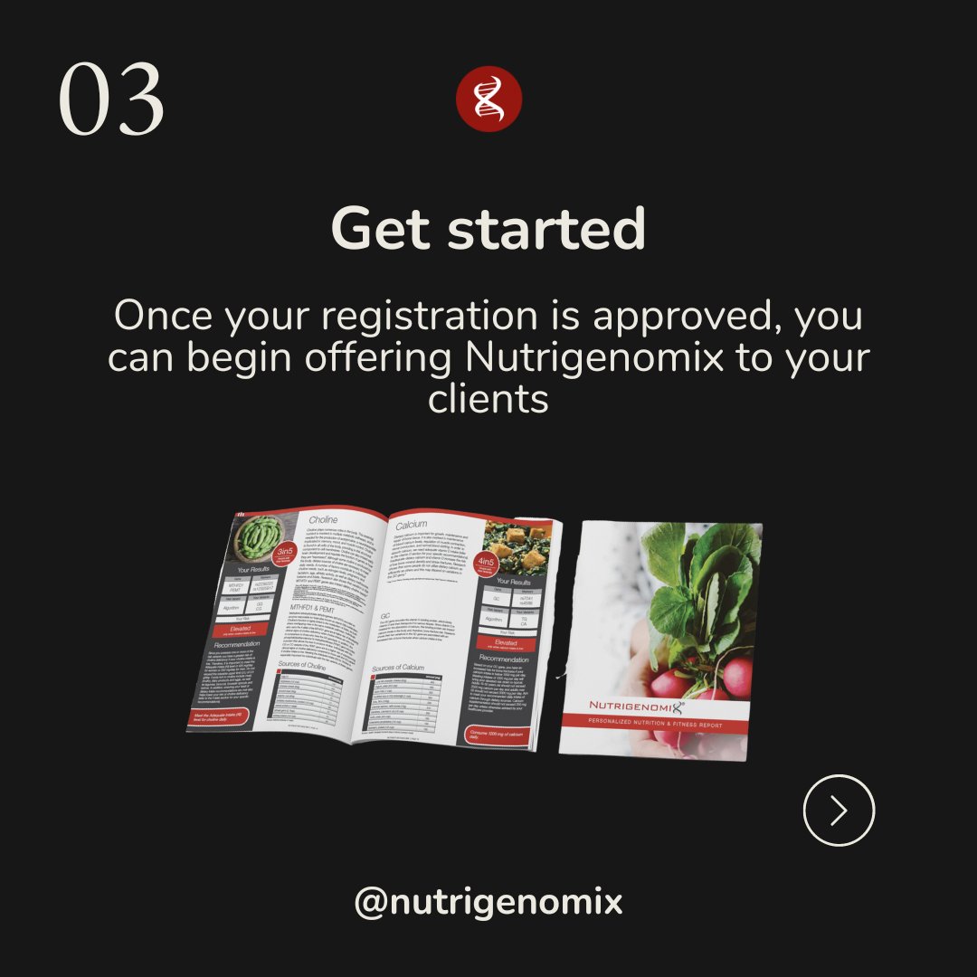 Nutrigenomix's tweet photo. 3 easy steps for getting started with Nutrigenomix!

Nutrigenomix is dedicated to helping healthcare professionals provide personalized, actionable health and lifestyle advice to their clients. We have thousands of practitioners in over 75 countries who are already using our test to change their clients’ lives.

Here are 3 steps you can follow to become an authorized provider of Nutrigenomix:

1. Click the link in our profile to visit https://t.co/sg9Tg0OwdB

2. Complete and submit our practitioner registration form

3. Begin offering Nutrigenomix to your clients

As a Nutrigenomix provider, you will also get access to our extensive resource library, which includes sample reports, CPEU approved webinars, video tutorials, and our practitioner training guide so you can offer personalized nutrition to your clients with confidence.

Get started today and help your clients realize the power of personalized nutrition!

#PersonalizedNutrition #PrecisionNutrition #PrecisionHealth #GeneticTesting #GeneticTest #DNATest #DNATesting #Nutrigenomics #Nutrigenetics #Dietitian #RegisteredDietitian #Nutritionist #HealthCoaching #HealthcarePractitioner #Nutrigenomix