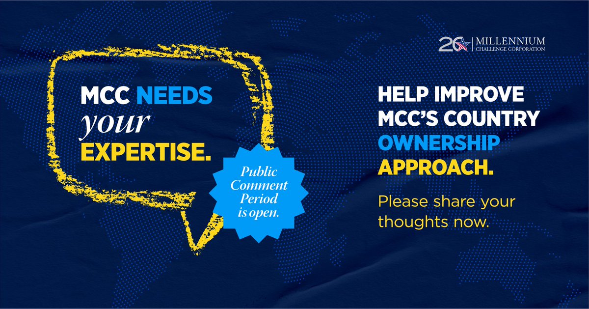 ‼️ Attention all stakeholders ‼️ 
We need your expertise on MCC’s approach to country ownership. Your input is essential in shaping how we will continue to collaborate with partner countries to implement sustainable programs.

💬 Share your thoughts 👉🔗 mcc.gov/country-owners…