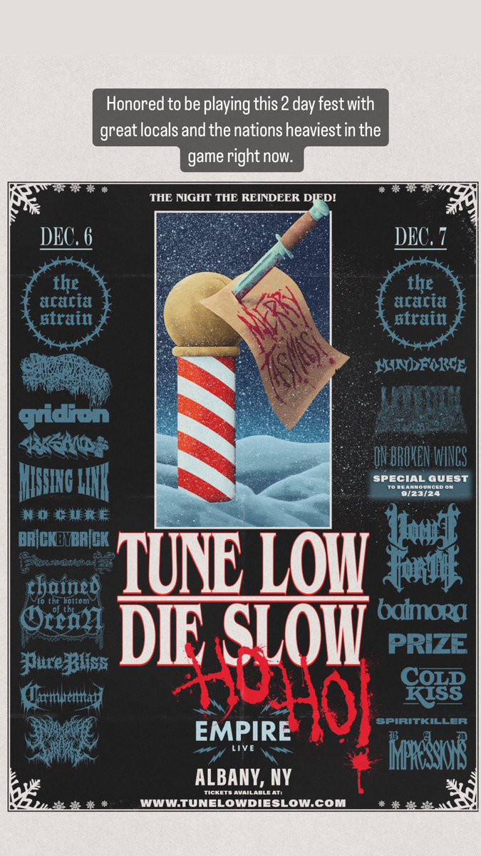 Invoke Thy Wrath (@invokethywrath) on Twitter photo Friday December 6th and Saturday December 7th - <a href="/theacaciastrain/">The Acacia Strain</a> presents: “Tune Low , Die Slow - Ho Ho Ho” at Empire Live Albany
We play day one
Representing Albany - @invokethywrath <a href="/CARNWENNAN_NY/">CARNWENNAN</a> @brickbybrick @badimpressions @spiritkiller_hc @coldkisshc and @celebrateprize Friday December 6th and Saturday December 7th - <a href="/theacaciastrain/">The Acacia Strain</a> presents: “Tune Low , Die Slow - Ho Ho Ho” at Empire Live Albany
We play day one
Representing Albany - @invokethywrath <a href="/CARNWENNAN_NY/">CARNWENNAN</a> @brickbybrick @badimpressions @spiritkiller_hc @coldkisshc and @celebrateprize