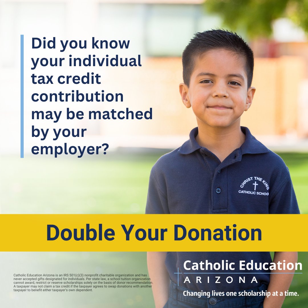 Double your impact and change even more lives! Click here to see if your employer will match your contributions. catholiceducationarizona.org/matching-gifts/  #CatholicEducationArizona #Arizona #Education #scholarships #ArizonaTaxCredits #employermatching #matchinggifts #doubleyourdonation