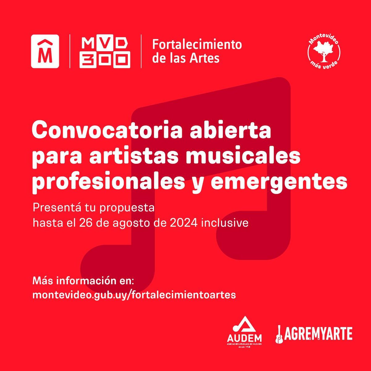AGADU_UY's tweet photo. Convocatoria abierta del Programa Fortalecimiento de las Artes Música 📣
Postulación ✍️ hasta el 26 de agosto inclusive para artistas musicales profesionales y emergentes
Conocé los detalles 🔗 https://t.co/NDzMIFVIdM
🤝 #audem #Agremyarte
@IMcultura
@montevideoIM https://t.co/pEZzm6XD30