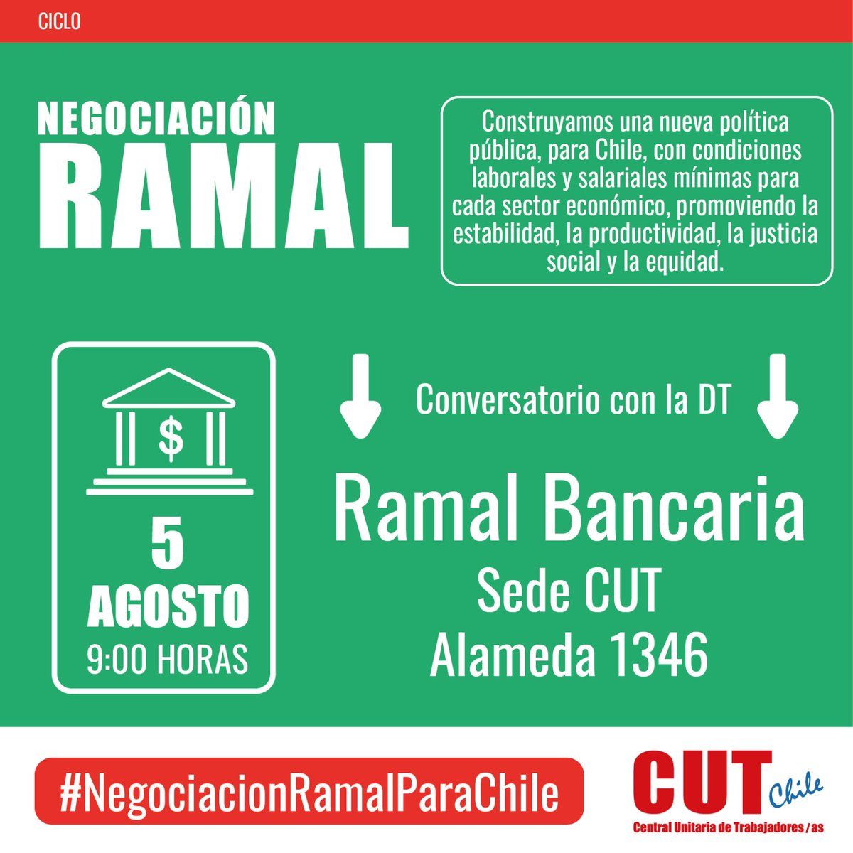 🔴 SEGUNDO TALLER NEGOCIACIÓN RAMAL: 
Conversatorio con la Dirección del Trabajo y la Ramal Bancaria
📆 5 de agosto 
🕣 9:00 horas
📍Sede Cut Chile - Alameda 1346

#NegociacionRamalParaChile