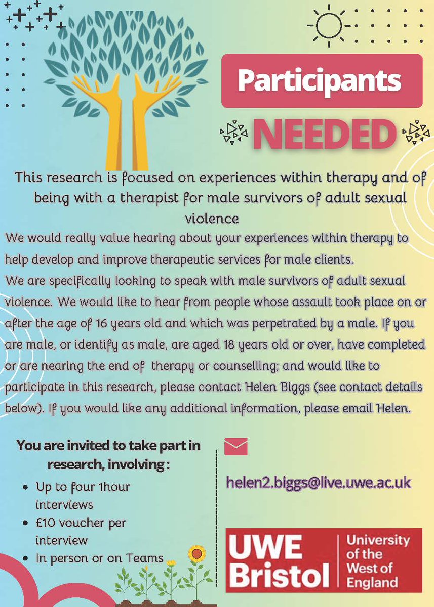 🔎 ANGEN POBL I GYMRYD RHAN MEWN YMCHWIL! 
 
Cysylltwch â Helen os ydych yn fodlon cymryd rhan mewn ymchwil sy'n canolbwyntio ar wella gwasanaethau therapiwtig i ddynion sydd wedi goroesi trais rhywiol fel oedolyn. 

 ➡️ Gwiriwch y poster am ragor o fanylion.