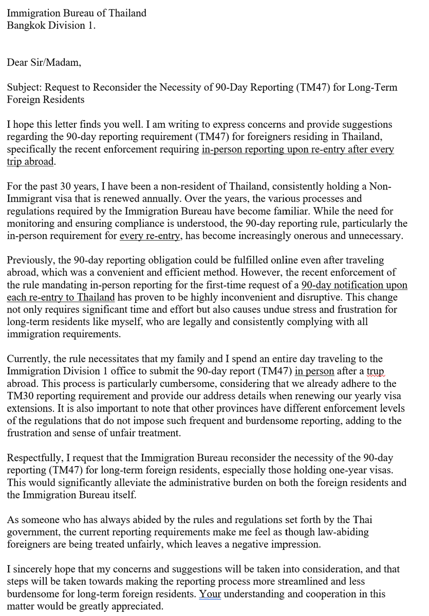 RPOBB's tweet photo. Subject: Request to Reconsider the Necessity of 90-Day Reporting (TM47) for Long-Term Foreign Residents : #90DayReporting #TM47. Is this too wordy? 1st draft. https://t.co/KT44qE9sxE