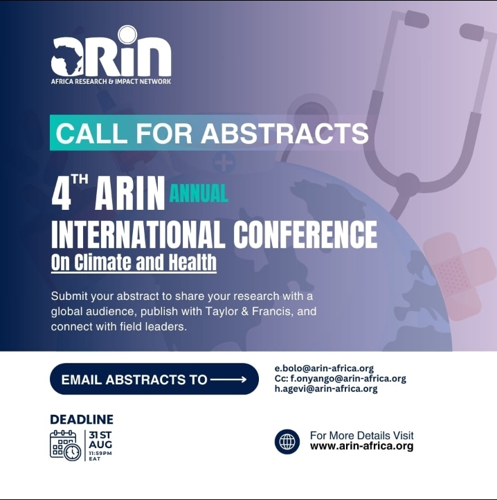Climate &amp; Health Researchers! 
Submit abstracts for the 4th ARIN Int'l Conf. (Nov 6-8, Nairobi, Kenya - Hybrid). 

Theme: Bridging Knowledge Gaps: Transdisciplinary Approaches
Deadline: Aug 31, 11:59 PM EAT

Accepted abstracts published by <a href="/WeAreTandF/">Taylor & Francis</a>.  
 shorturl.at/8kMM6