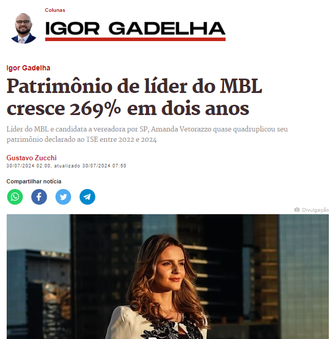isso aqui é uma história de sucesso, pessoal

em 2020, Amanda Vetorazzo recebeu auxílio brasil porque disse que estava "falida"

em 2024, declarou um patrimônio de R$ 945 mil, quatro vezes mais do que declarou em 2022

invejosos dirão que tem alguma coisa de errado nesta história