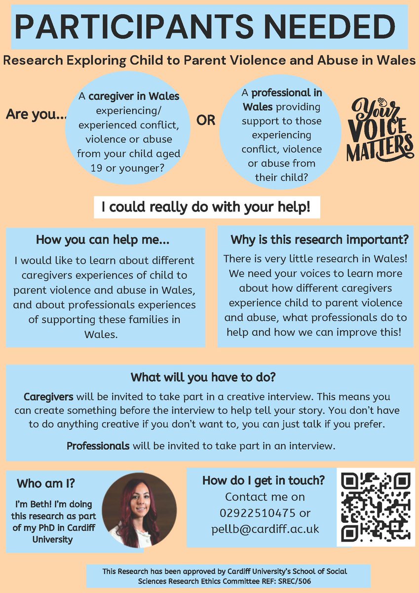 Uned Atal Trais | Violence Prevention Unit (@walesvpu) on Twitter photo 👀 LOOKING FOR RESEARCH PARTICIPANTS!
Would you like to be a part of a research that explores child to parent violence and abuse in Wales?
➡️Check the poster for more details and contact <a href="/BethanPell/">Bethan Pell</a> if you'd like to take part. 👀 LOOKING FOR RESEARCH PARTICIPANTS!
Would you like to be a part of a research that explores child to parent violence and abuse in Wales?
➡️Check the poster for more details and contact <a href="/BethanPell/">Bethan Pell</a> if you'd like to take part.