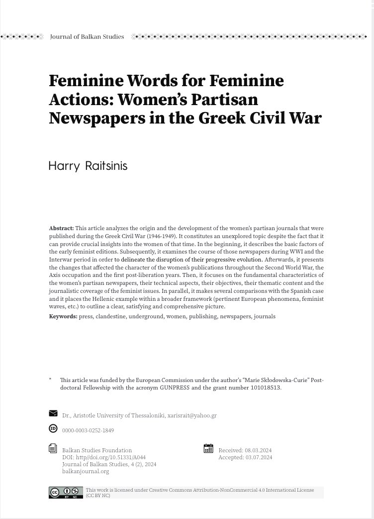 BalkanStudies's tweet photo. Feminine Words for Feminine Actions: Women’s Partisan Newspapers in the Greek Civil War

Harry Raitsinis

https://t.co/0rP9S8Zu5m https://t.co/kQwPzMuQSR