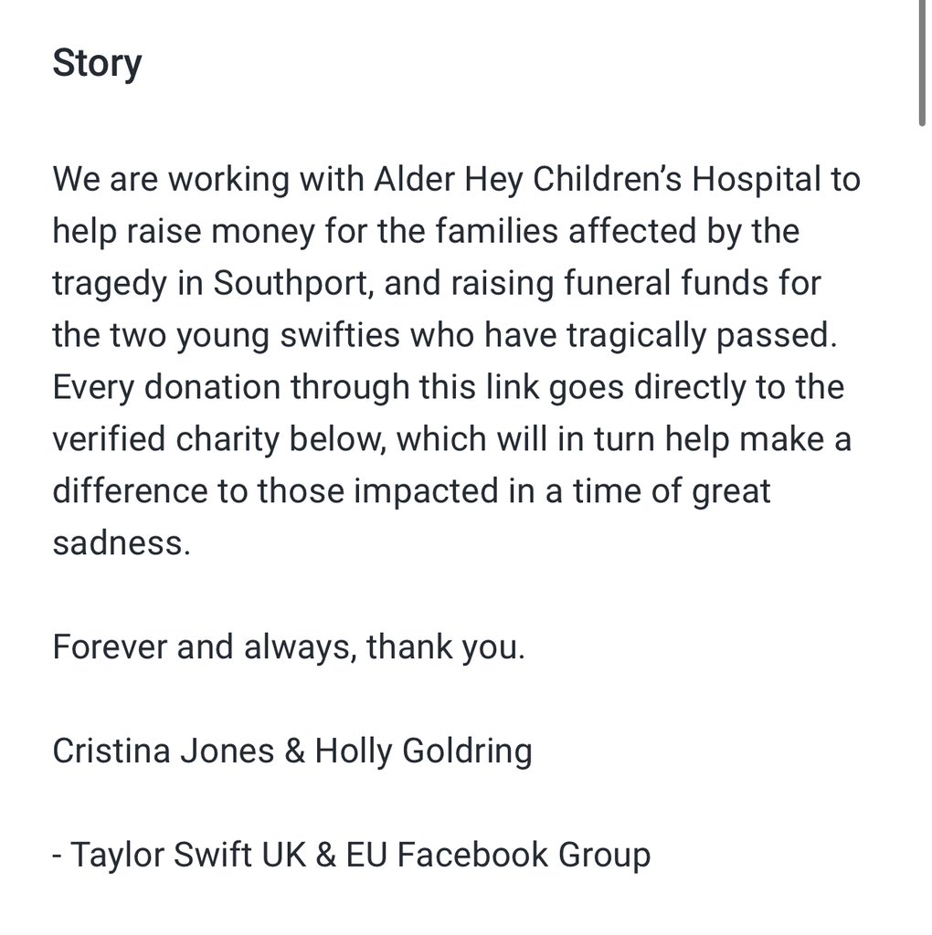 SwiftNYC's tweet photo. I am devastated to hear about the tragedy that occurred in Southport, UK at a Taylor Swift themed dance class. My thoughts and prayers are with the victims and their families. 🤍

To help support the families affected, you can help raise money here for Alder Hey Children’s Hospital: https://t.co/kNd8dRyiEu