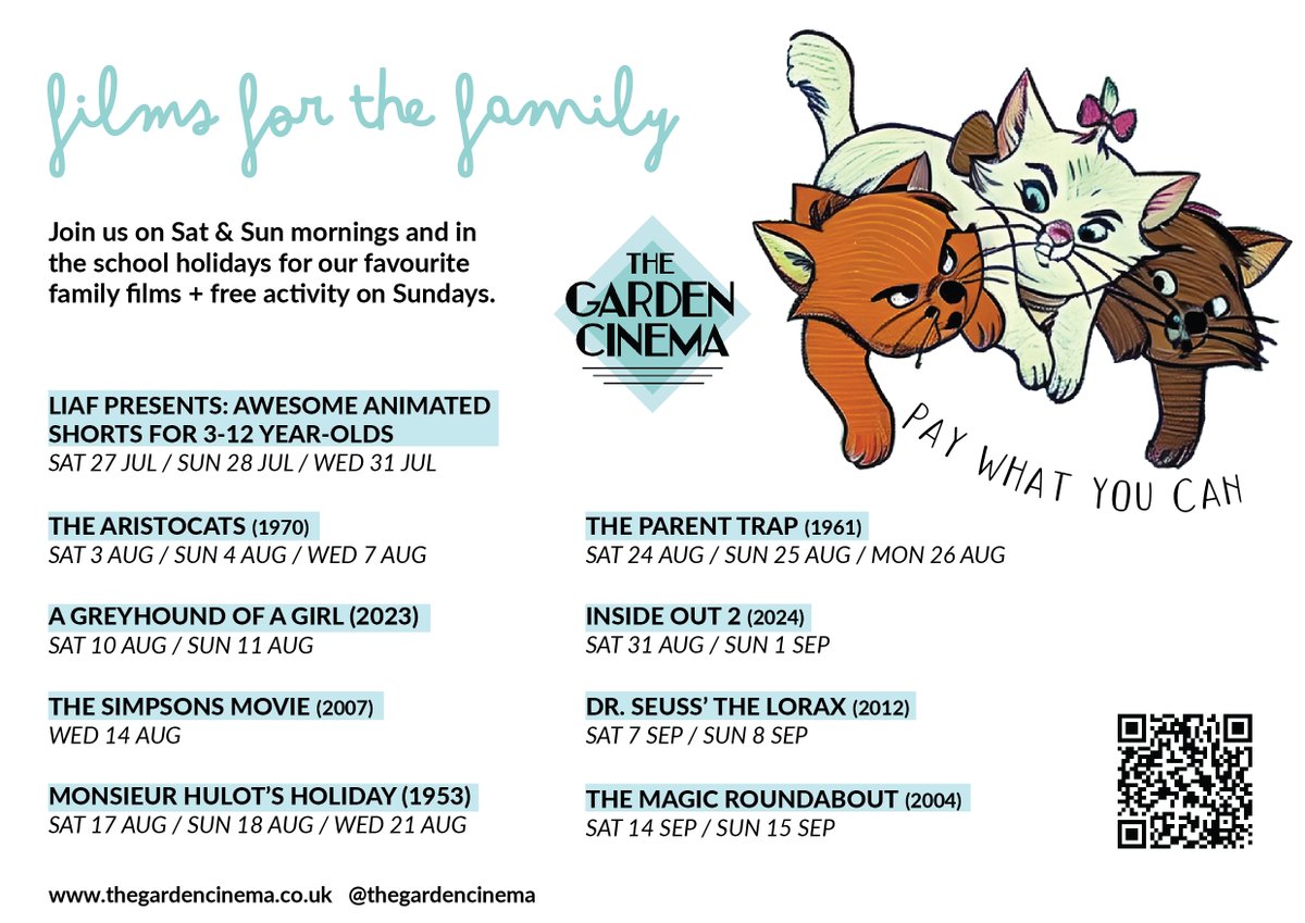 Join The Garden Cinema for Films for the Family, every Saturday &amp; Sunday morning and on weekdays during the summer holidays. 

All screenings are Pay What You Can and there is always a free actvity on Sundays. 

thegardencinema.co.uk/season/films-f…