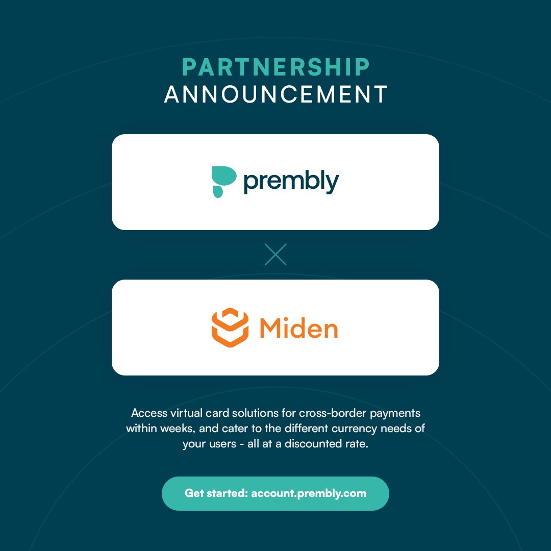 P R E M B L Y x M I D E N 🤝
…
We’re excited to announce our partnership with <a href="/midenhq/">Miden (YC W24)</a>. 

Startups in our ecosystem can now easily integrate financial features, including seamless payments, reconciliation, and instant virtual cards on their platform- at a discounted rate.

To