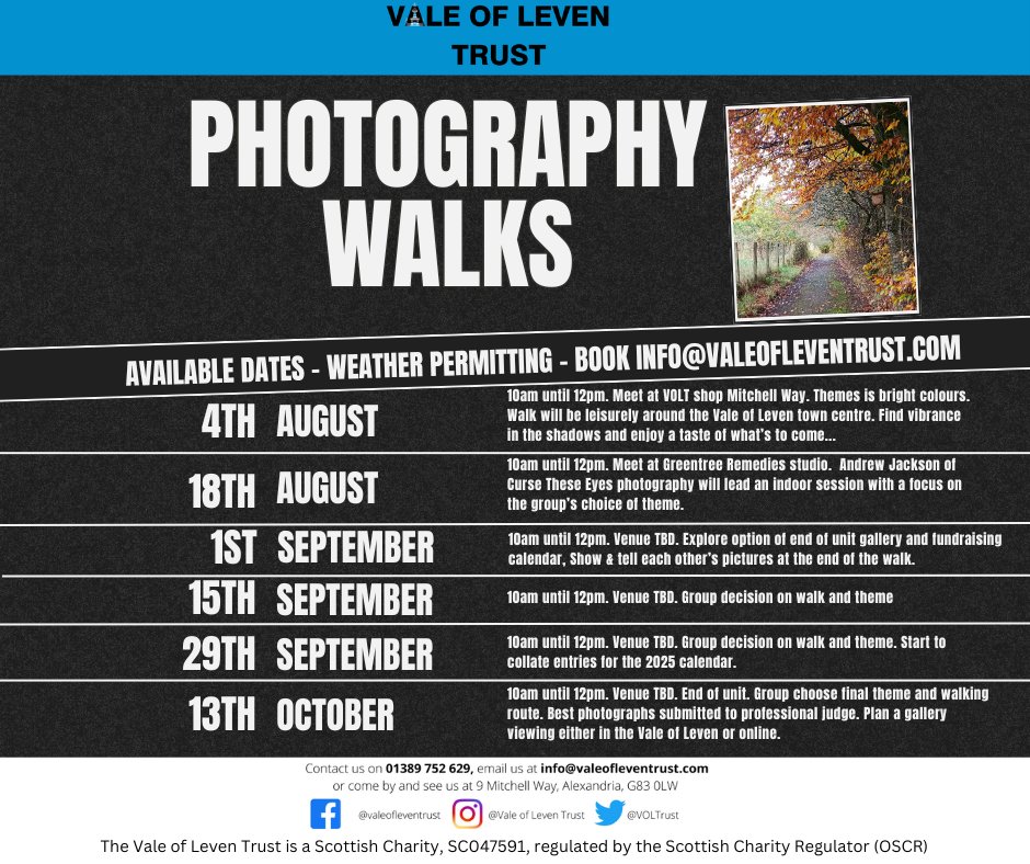 Our new programme of photography walks starts this Sunday, 4th August!

You can book by emailing us at info@valeofleventrust.com, calling us on 01389 752 629, pop by and see us in our hub in Mitchell Way or, book on our Eventbrite page here:  eventbrite.co.uk/e/photography-…