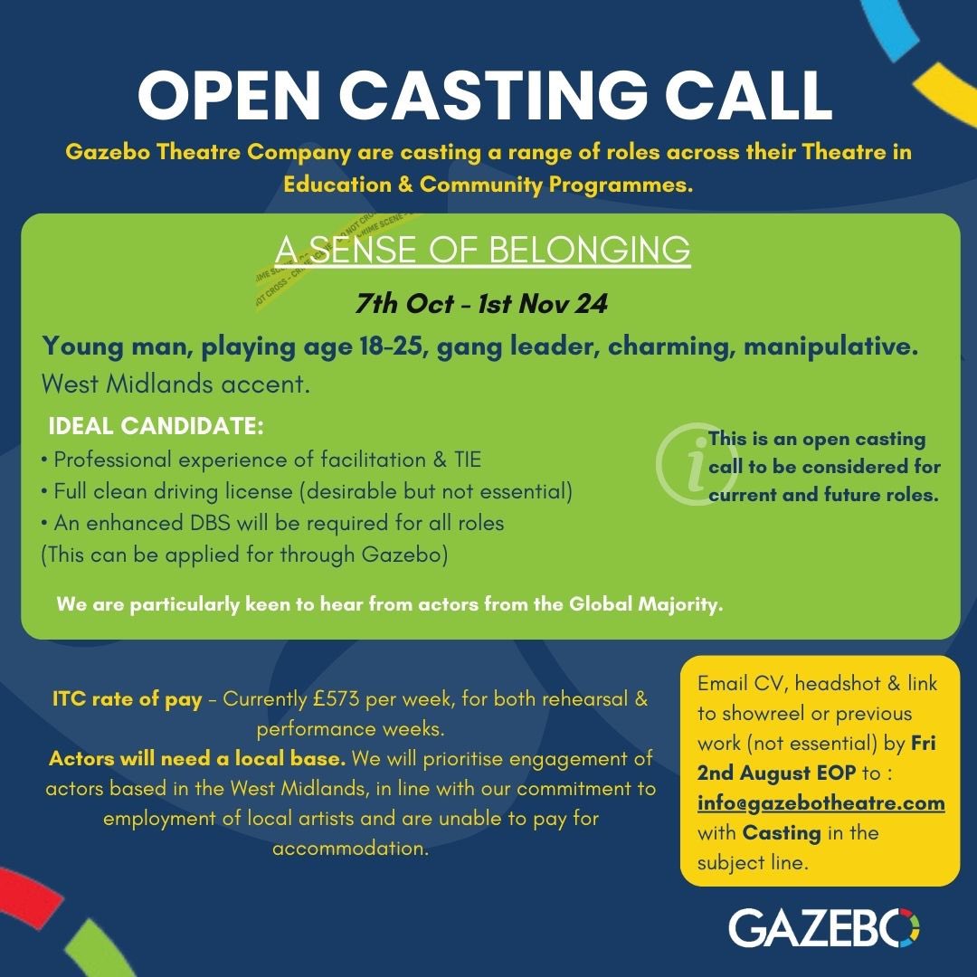 GazeboTheatre's tweet image. ‼️#OPENCASTINGCALL
If you have already applied please do not resubmit. We are going through submissions &amp;amp; will be in contact this week.

Worked with us as an actor in the last 10 years? No need to resend cv, simply contact us expressing interest &amp;amp; availability.

#letscreate