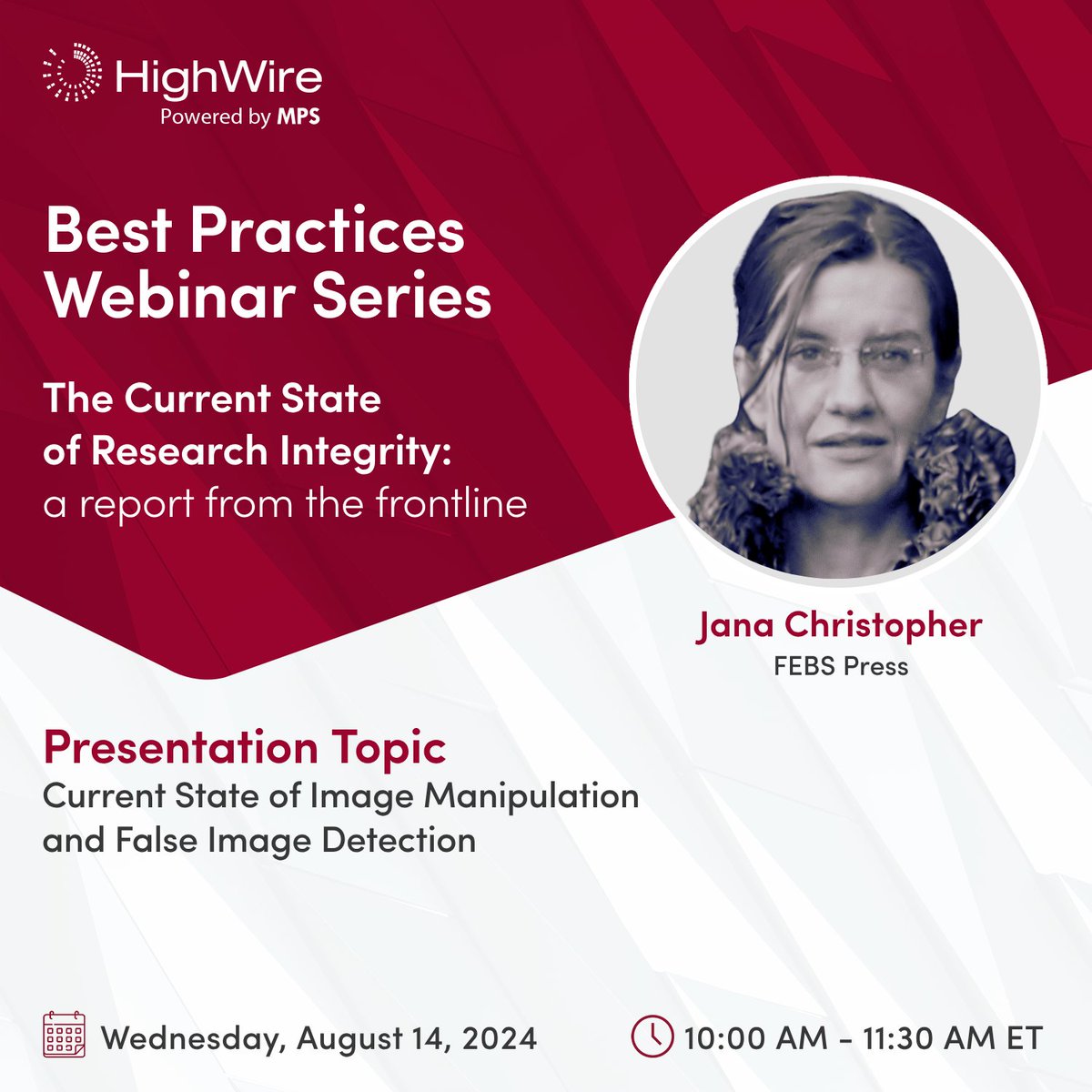 Meet our presenter: <a href="/Image_Integrity/">Jana Christopher</a>

Jana has worked in Image Integrity since 2011 &amp; is currently working as an Image Data Integrity Analyst at FEBS Press.

She will talk about the Current State of Image Manipulation &amp; False Image Detection.

Register now us06web.zoom.us/webinar/regist…