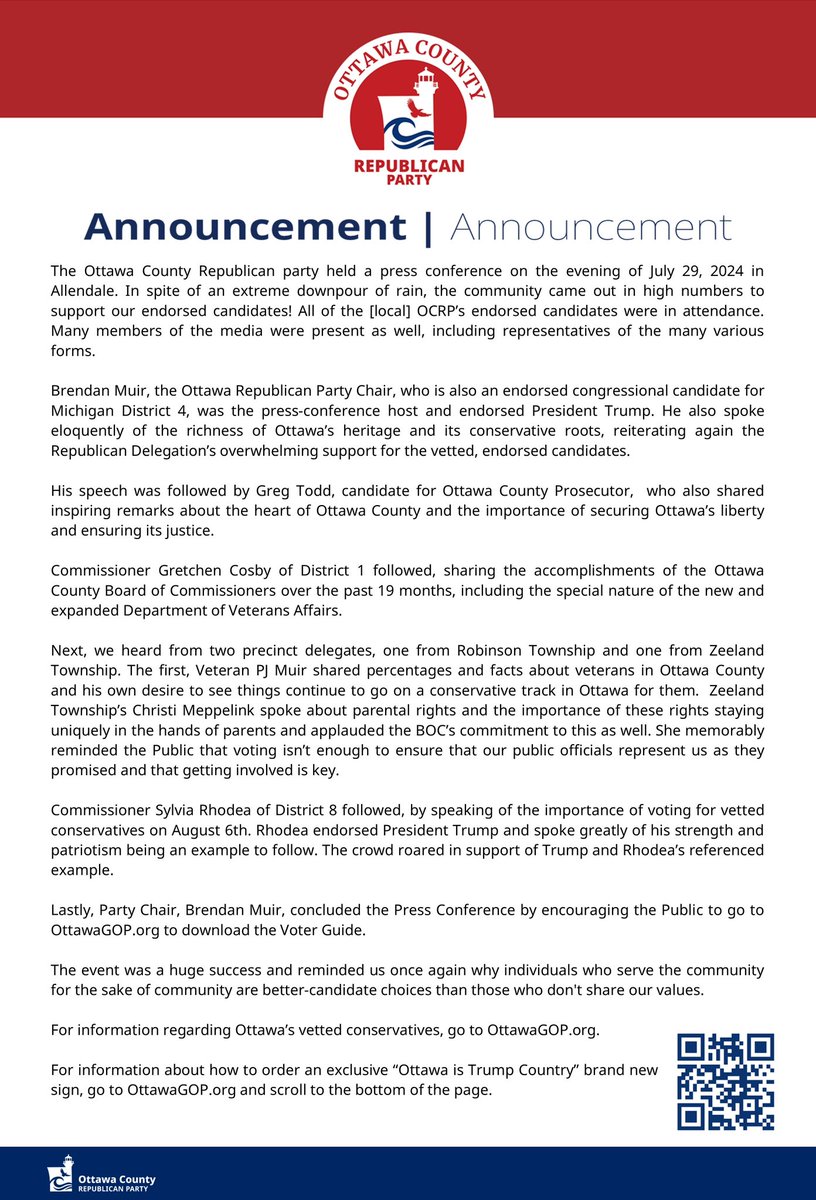 OttawaGOP's tweet image. We had a fantastic showing at the People’s Press Conference in Allendale last night! The People want vetted conservatives for office🇺🇸
OttawaGOP.org 
#Ottawagop #Voteaugust6th #Vettedcandidates